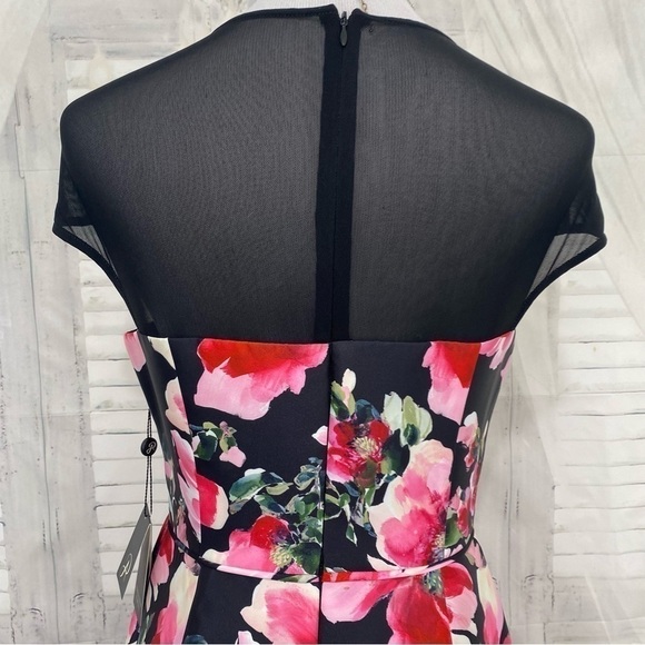 Adrianna Papell Pink Black Illusion Floral Mikado Gown Dress Formal Full Length - Picture 12 of 16